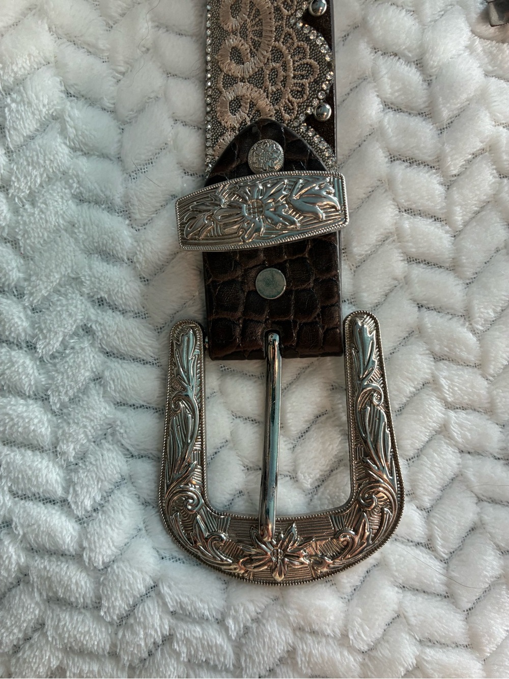 Western Embossed Leather Belt Tooled  with Western Lace and Ornate Silver Buckle